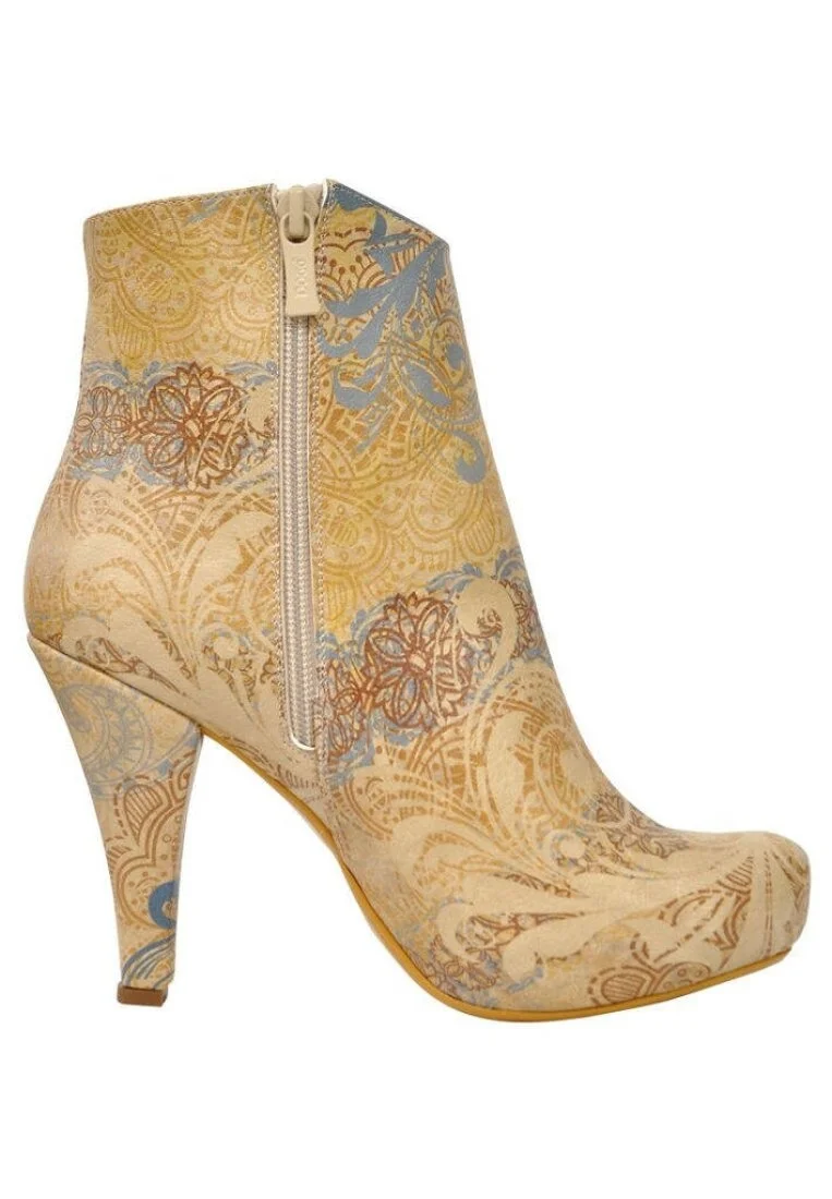 Women Vegan Leather Beige Bootie - Floral Yellow Design
