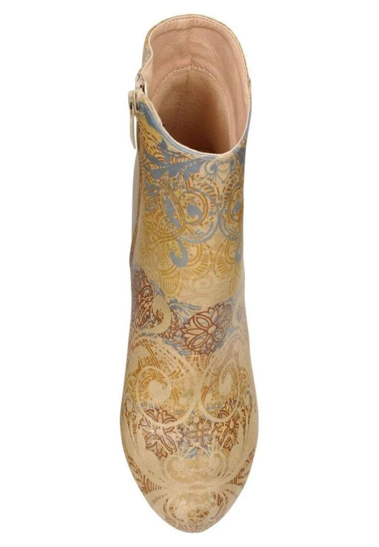Women Vegan Leather Beige Bootie - Floral Yellow Design