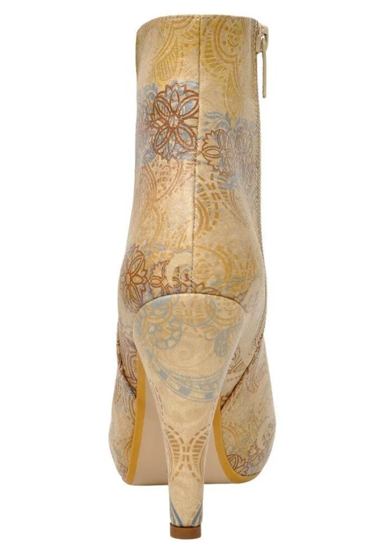 Women Vegan Leather Beige Bootie - Floral Yellow Design