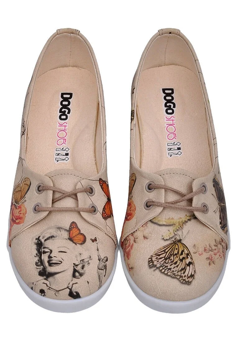 Women Vegan Leather Beige Flat Shoes - Marilyn With Butterflies Design