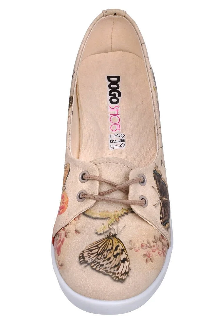 Women Vegan Leather Beige Flat Shoes - Marilyn With Butterflies Design