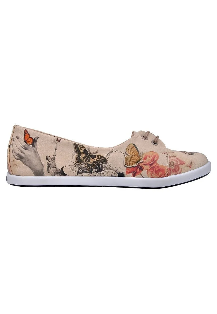 Women Vegan Leather Beige Flat Shoes - Marilyn With Butterflies Design