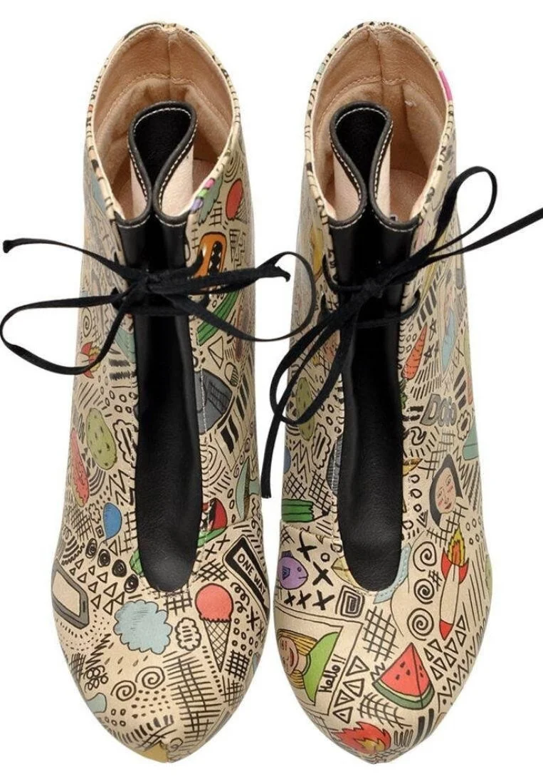 Women Vegan Leather Beige High Heel Boots - Doodle Design