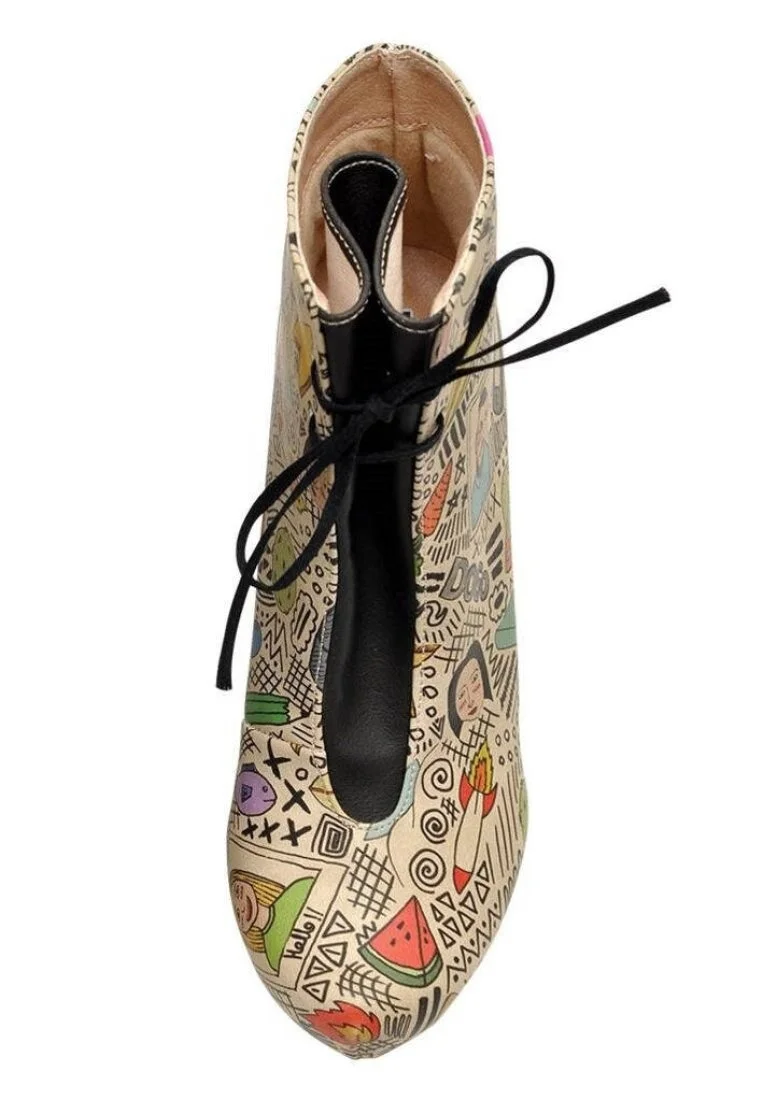 Women Vegan Leather Beige High Heel Boots - Doodle Design