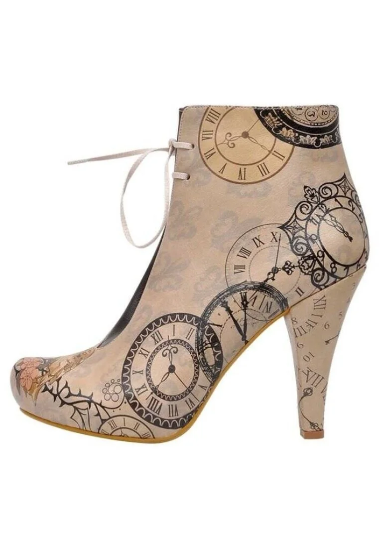 Women Vegan Leather Beige High Heel Boots - Tick Tock Design