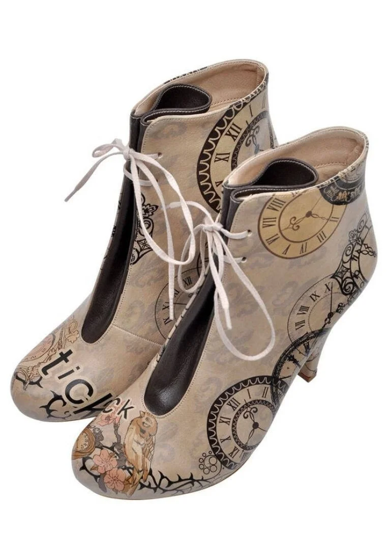 Women Vegan Leather Beige High Heel Boots - Tick Tock Design