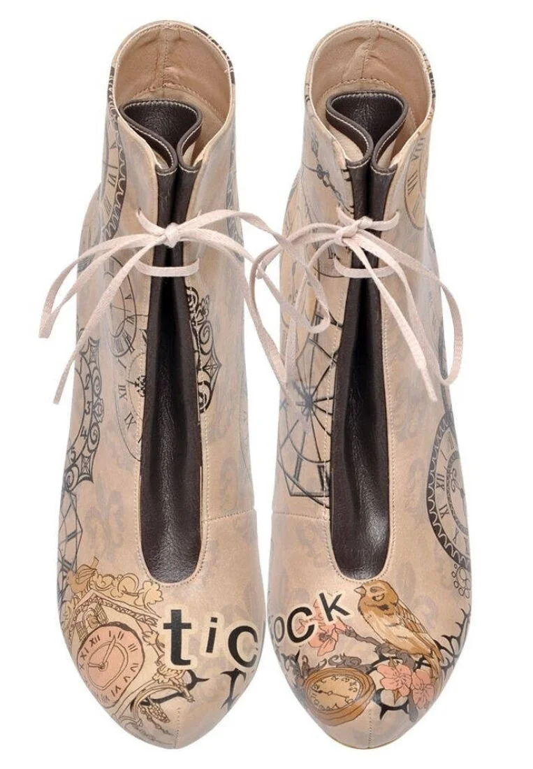 Women Vegan Leather Beige High Heel Boots - Tick Tock Design