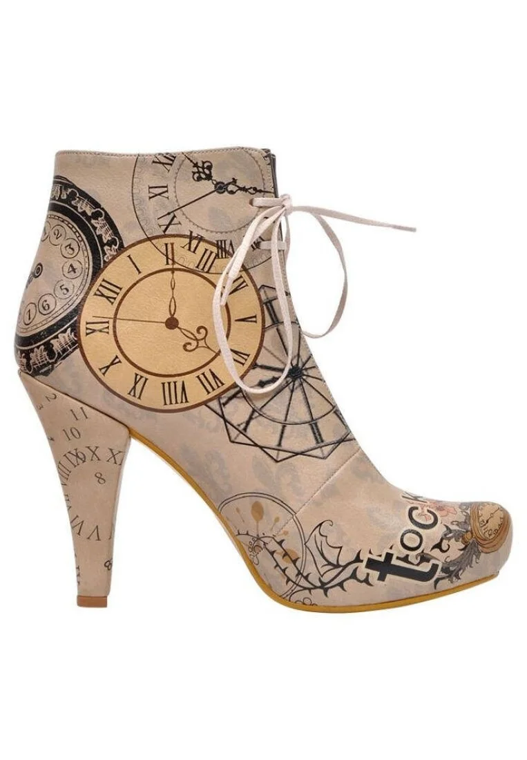 Women Vegan Leather Beige High Heel Boots - Tick Tock Design