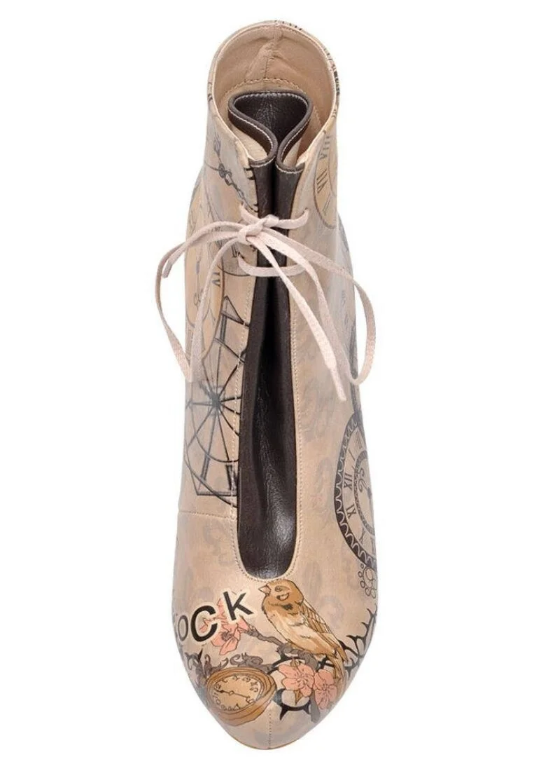 Women Vegan Leather Beige High Heel Boots - Tick Tock Design