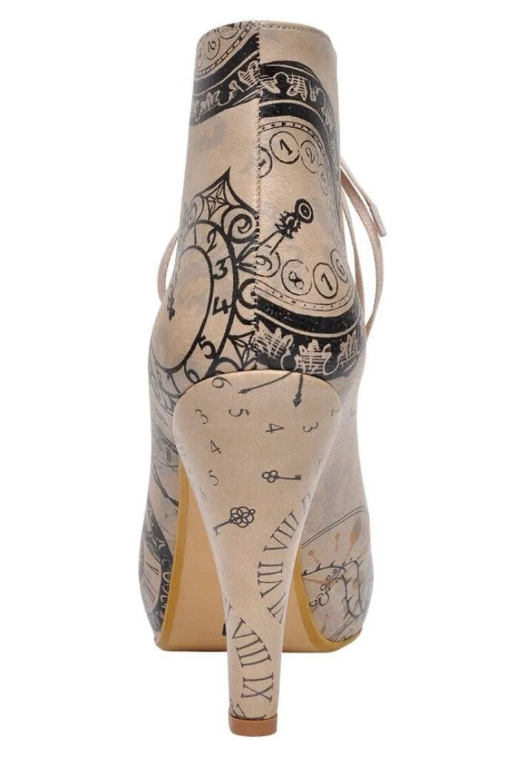 Women Vegan Leather Beige High Heel Boots - Tick Tock Design
