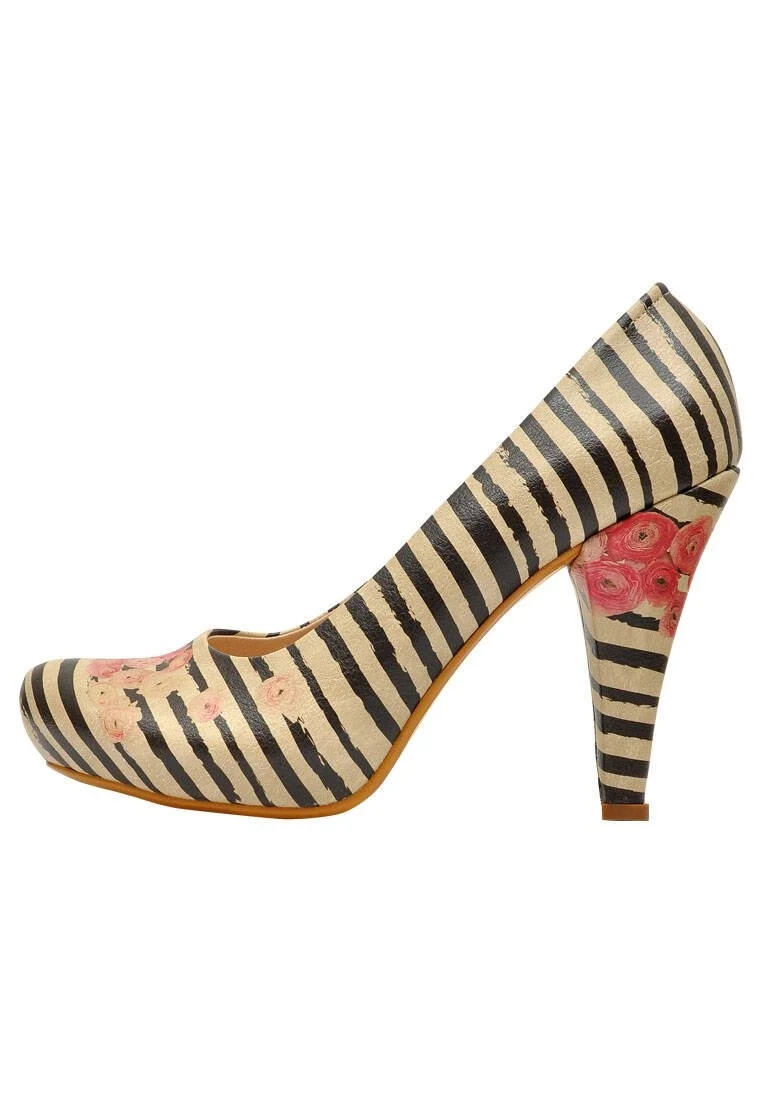 Women Vegan Leather Beige High Heels - Roses on Stripes Design