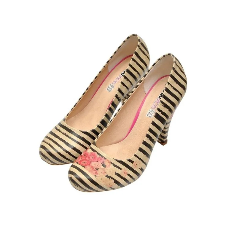 Women Vegan Leather Beige High Heels - Roses on Stripes Design