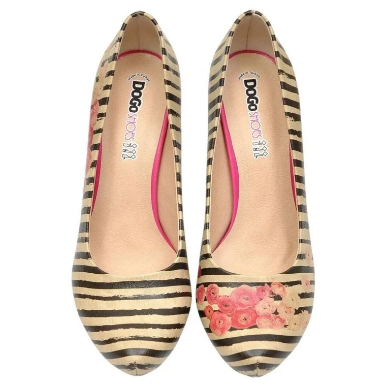 Women Vegan Leather Beige High Heels - Roses on Stripes Design