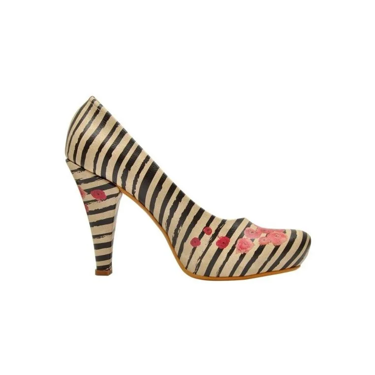 Women Vegan Leather Beige High Heels - Roses on Stripes Design