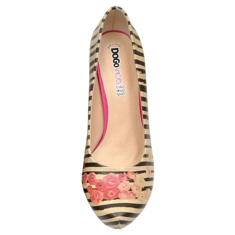 Women Vegan Leather Beige High Heels - Roses on Stripes Design