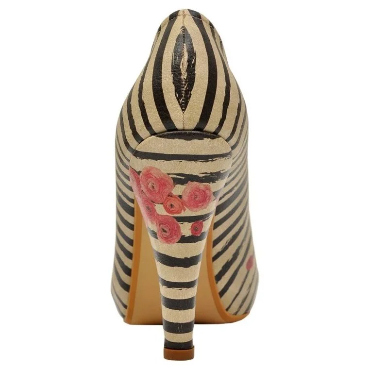 Women Vegan Leather Beige High Heels - Roses on Stripes Design
