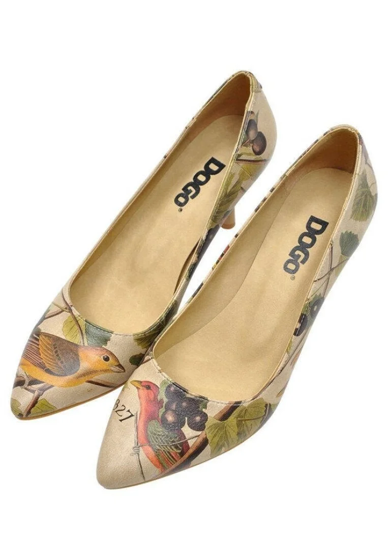 Women Vegan Leather Beige High Heels - Carving Bird Design