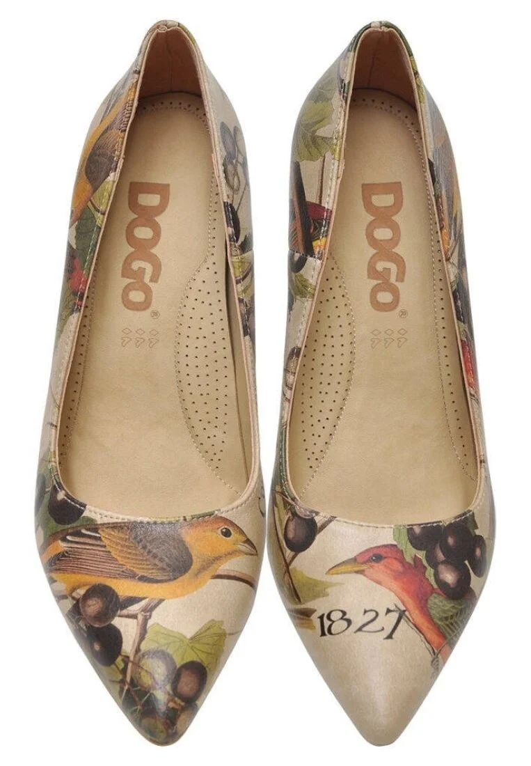 Women Vegan Leather Beige High Heels - Carving Bird Design
