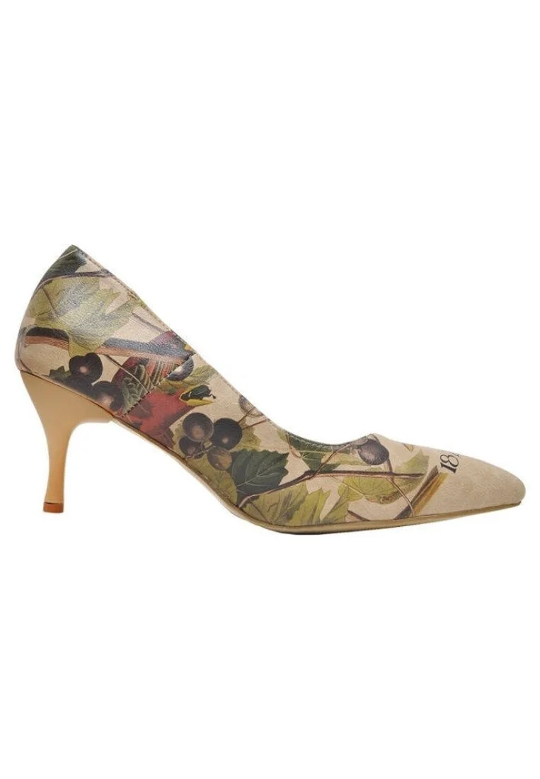 Women Vegan Leather Beige High Heels - Carving Bird Design