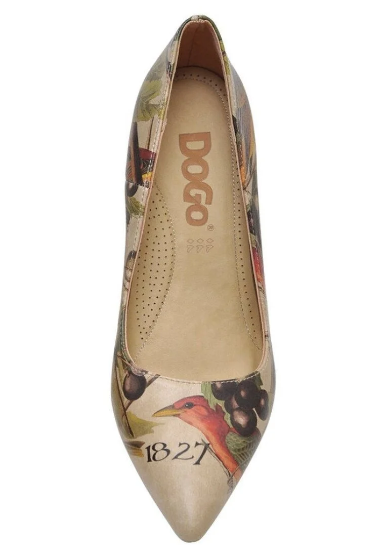 Women Vegan Leather Beige High Heels - Carving Bird Design