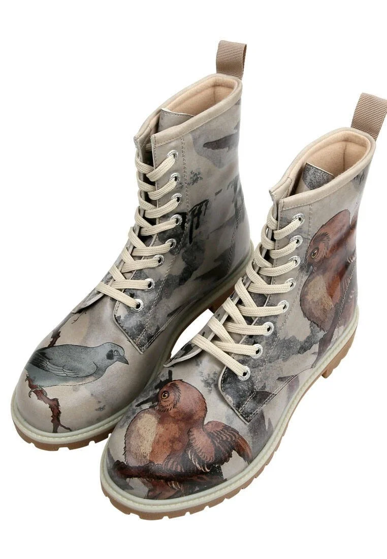 Women Vegan Leather Beige Long Boots - Chatting on a Branch Design