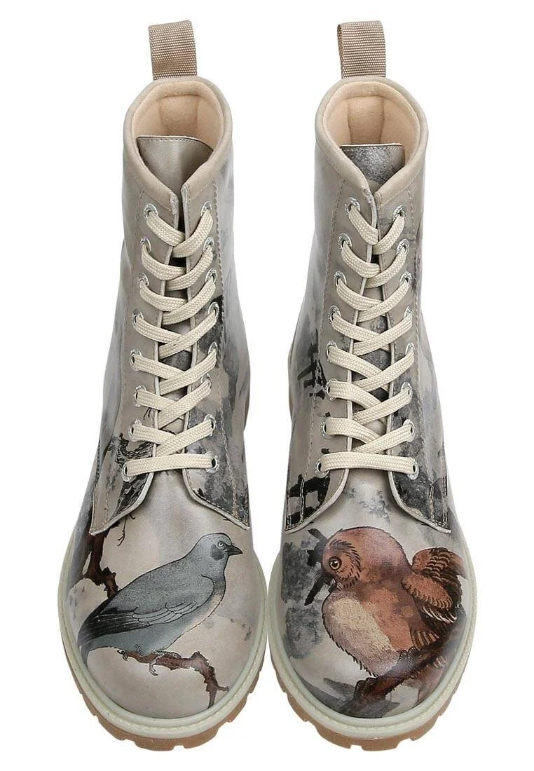 Women Vegan Leather Beige Long Boots - Chatting on a Branch Design