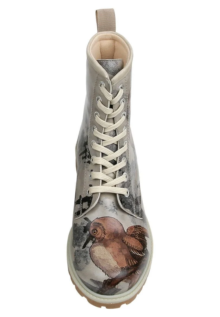 Women Vegan Leather Beige Long Boots - Chatting on a Branch Design