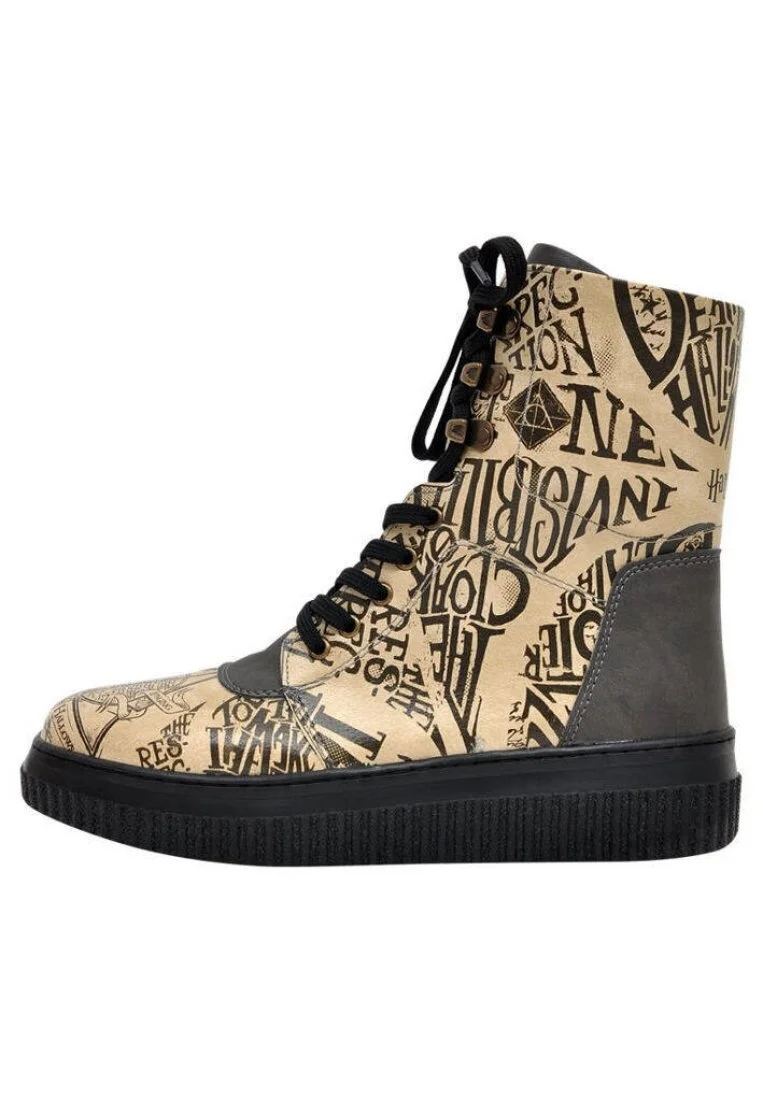 Women Vegan Leather Beige Long Boots - Warner Bros Deathly Hallows Harry Potter Design