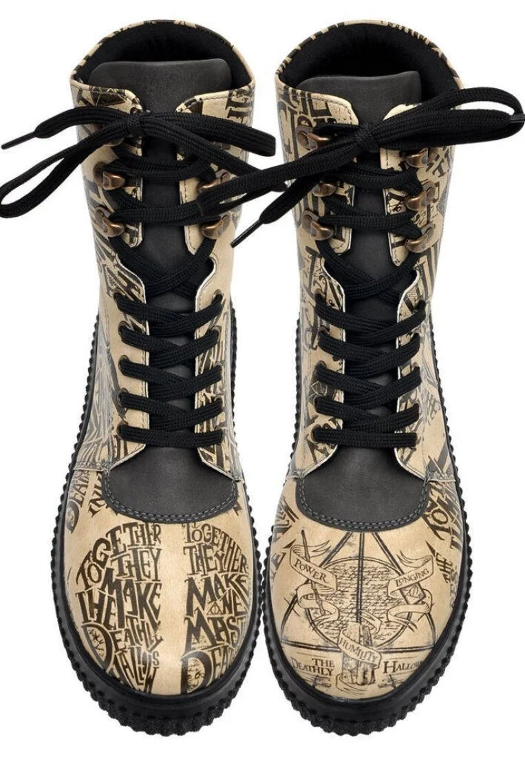 Women Vegan Leather Beige Long Boots - Warner Bros Deathly Hallows Harry Potter Design