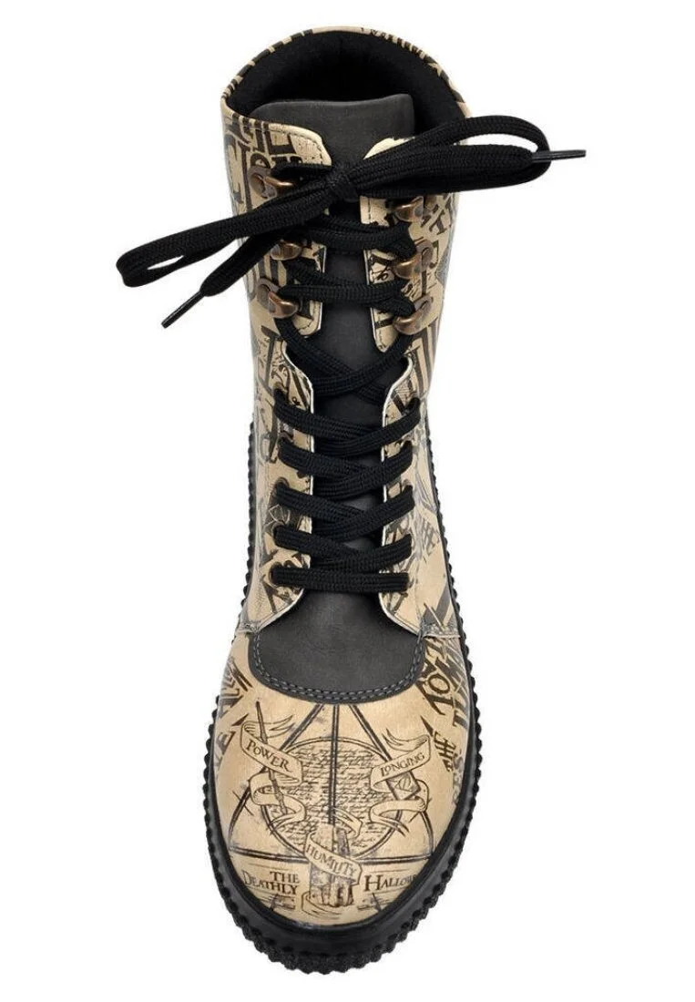 Women Vegan Leather Beige Long Boots - Warner Bros Deathly Hallows Harry Potter Design
