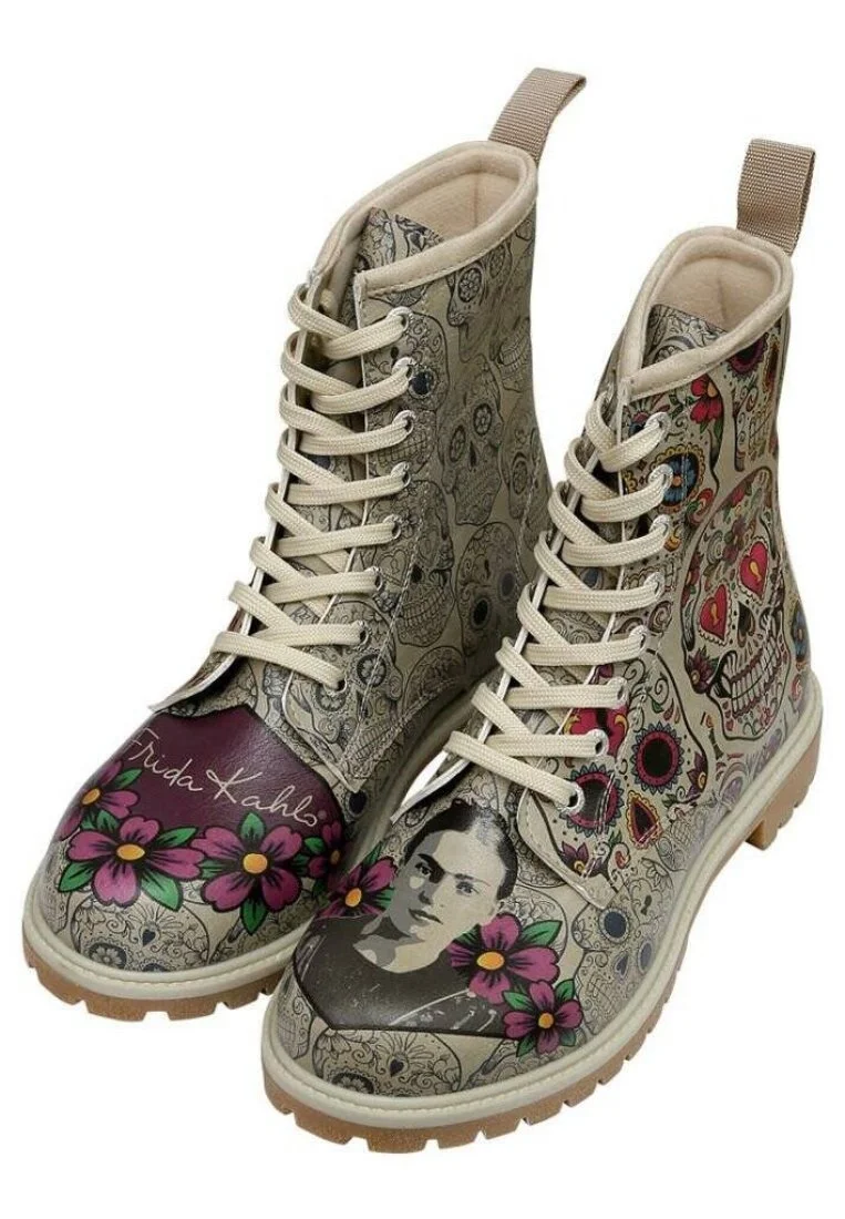 Women Vegan Leather Beige Long Boots - Remembrance Of Frida Kahlo Design