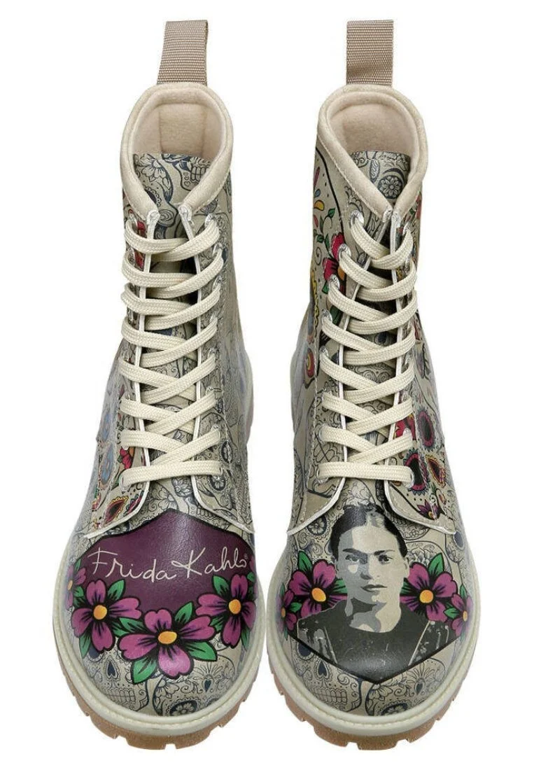 Women Vegan Leather Beige Long Boots - Remembrance Of Frida Kahlo Design