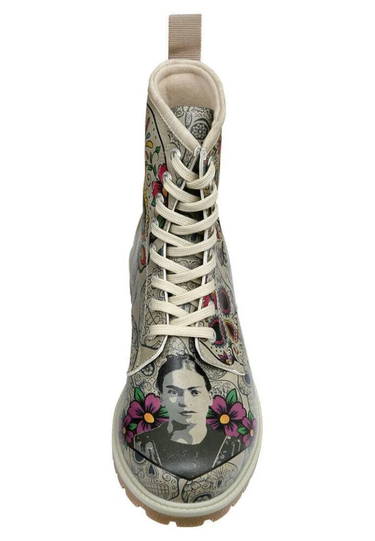 Women Vegan Leather Beige Long Boots - Remembrance Of Frida Kahlo Design