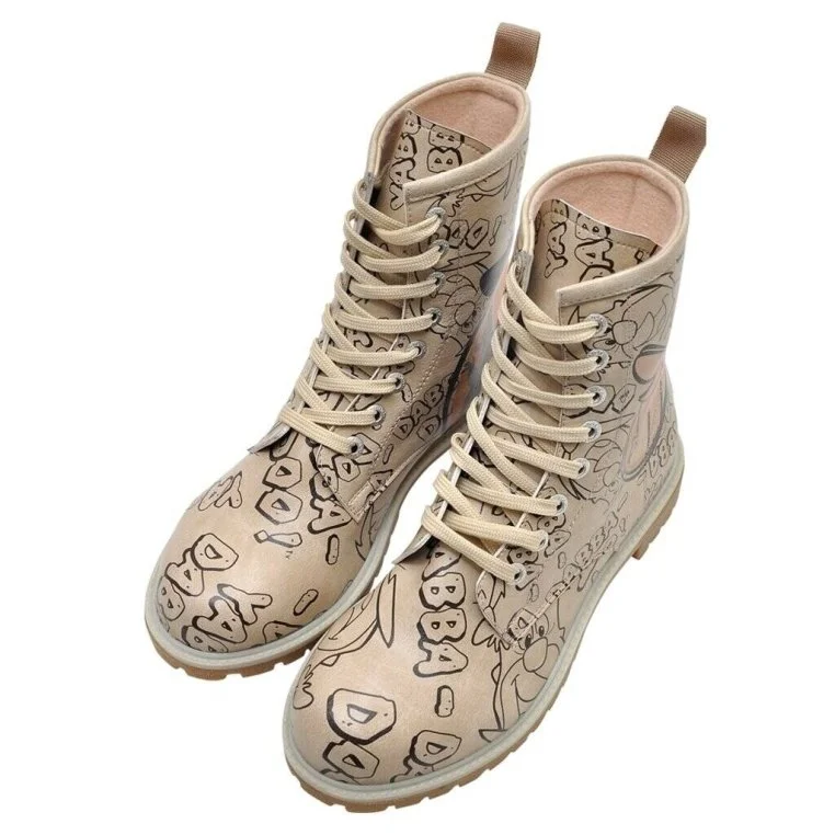 Women Vegan Leather Beige Long Boots - Warner Bros Yabba Dabba Doo Flintstones Design