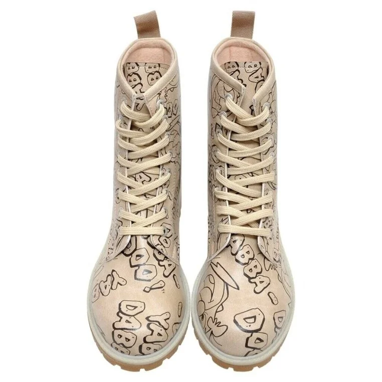 Women Vegan Leather Beige Long Boots - Warner Bros Yabba Dabba Doo Flintstones Design