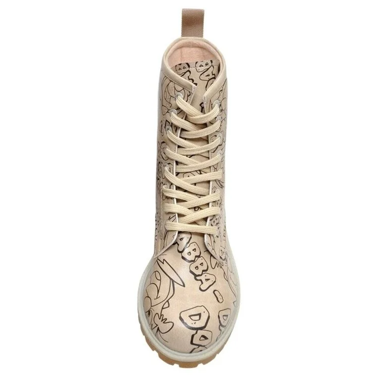 Women Vegan Leather Beige Long Boots - Warner Bros Yabba Dabba Doo Flintstones Design