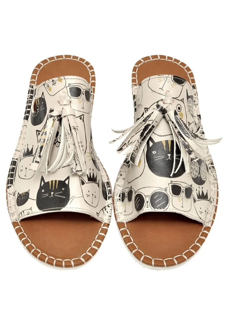 Women Vegan Leather Beige Slippers - Monochrome Cats Design