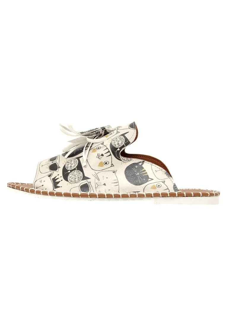 Women Vegan Leather Beige Slippers - Monochrome Cats Design