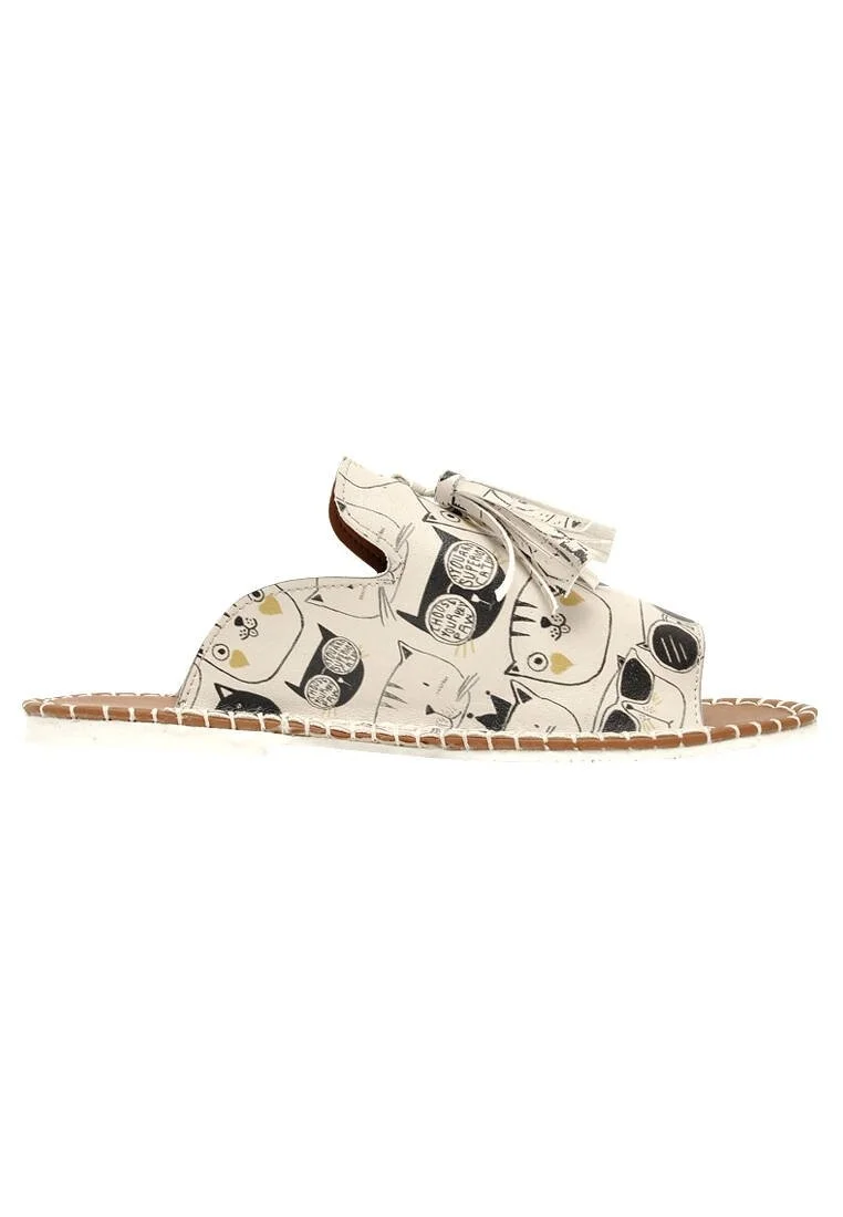 Women Vegan Leather Beige Slippers - Monochrome Cats Design