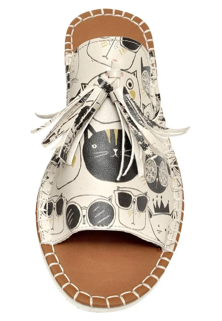 Women Vegan Leather Beige Slippers - Monochrome Cats Design