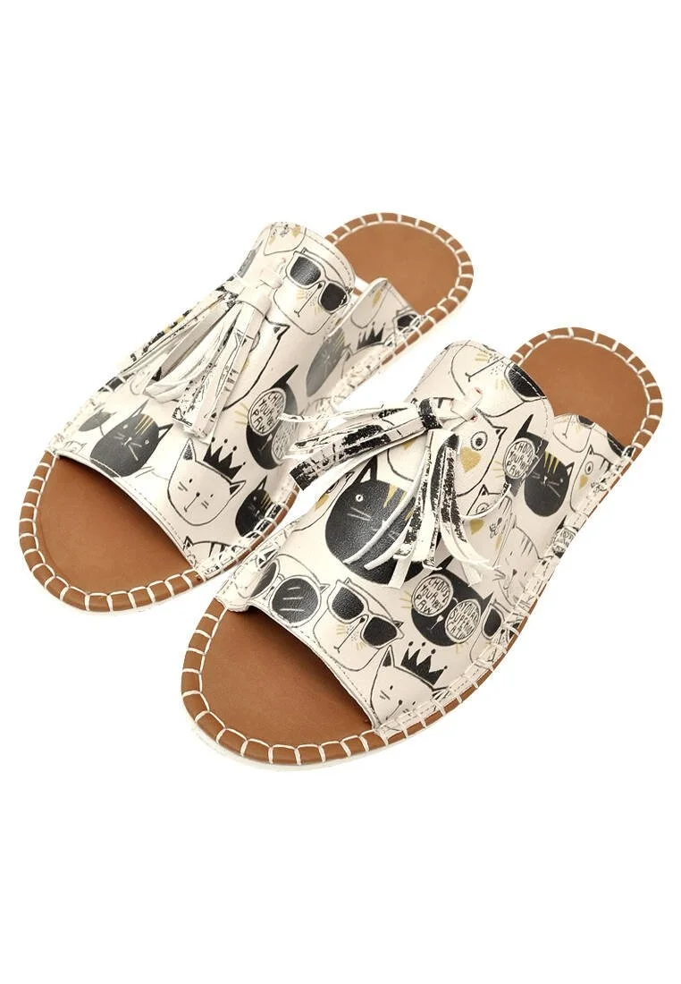Women Vegan Leather Beige Slippers - Monochrome Cats Design