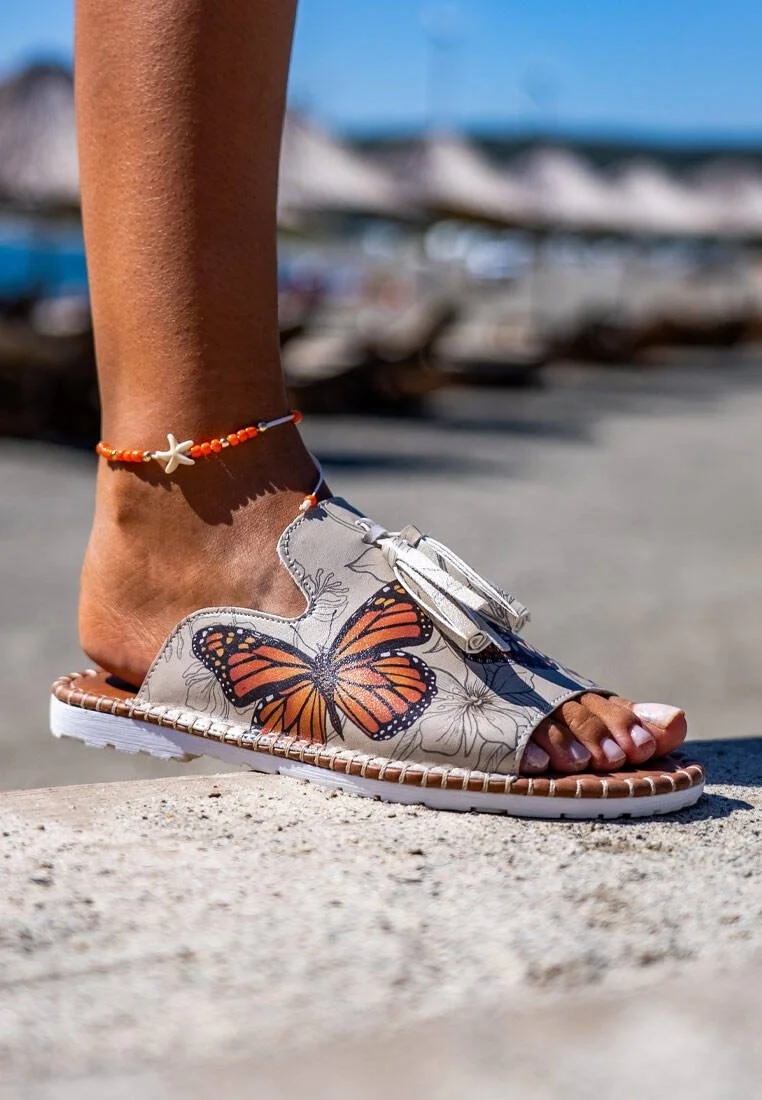 Women Vegan Leather Beige Slippers - Fly with Your Own Wings Design