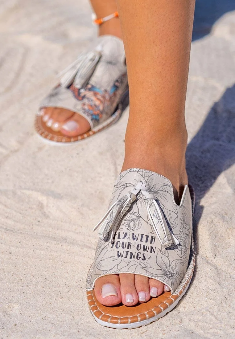 Women Vegan Leather Beige Slippers - Fly with Your Own Wings Design