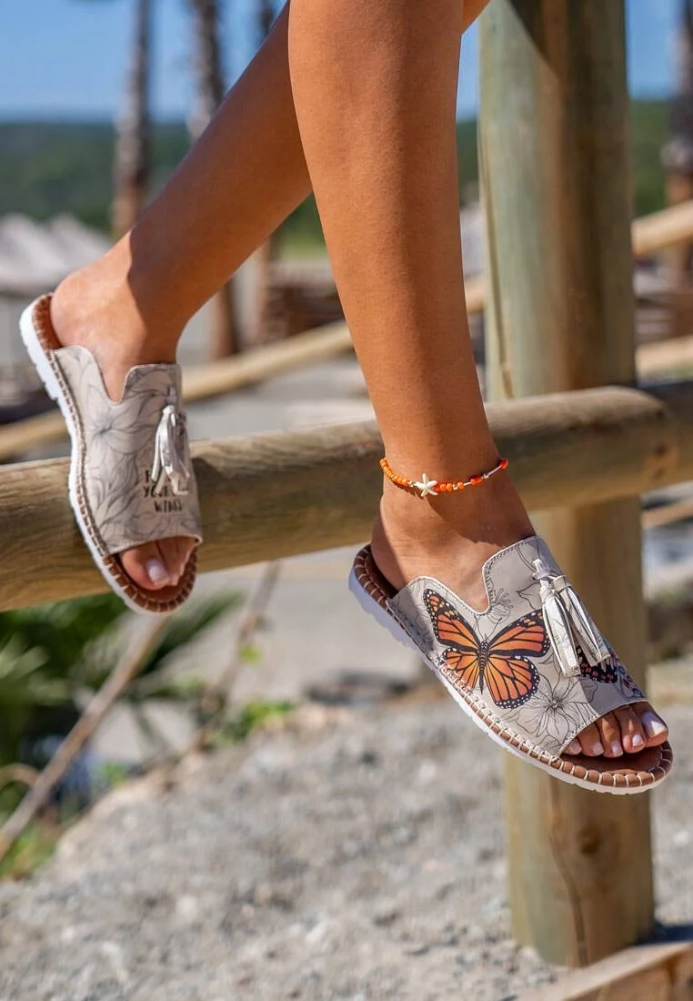 Women Vegan Leather Beige Slippers - Fly with Your Own Wings Design