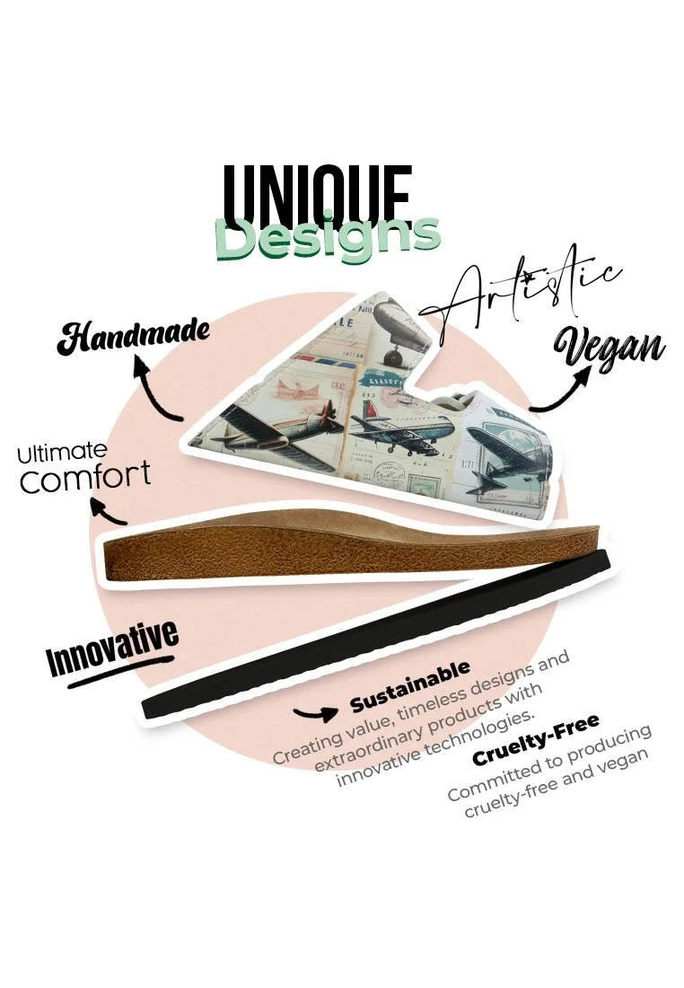 Women Vegan Leather Beige Slippers - Aeroplanes Design