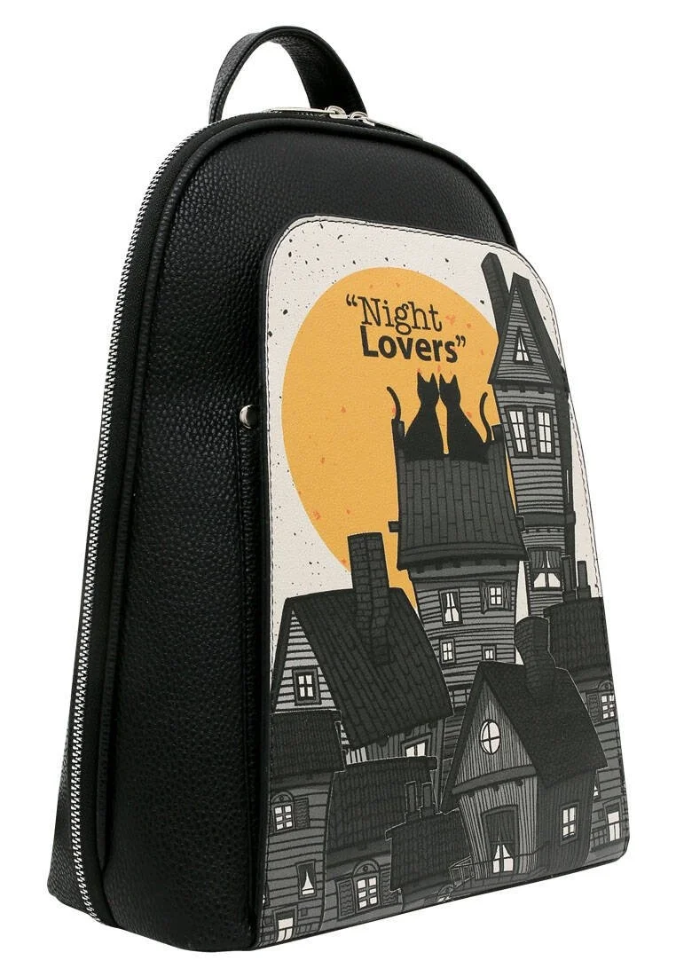 Women Vegan Leather Black Backpack - Night Lovers Design