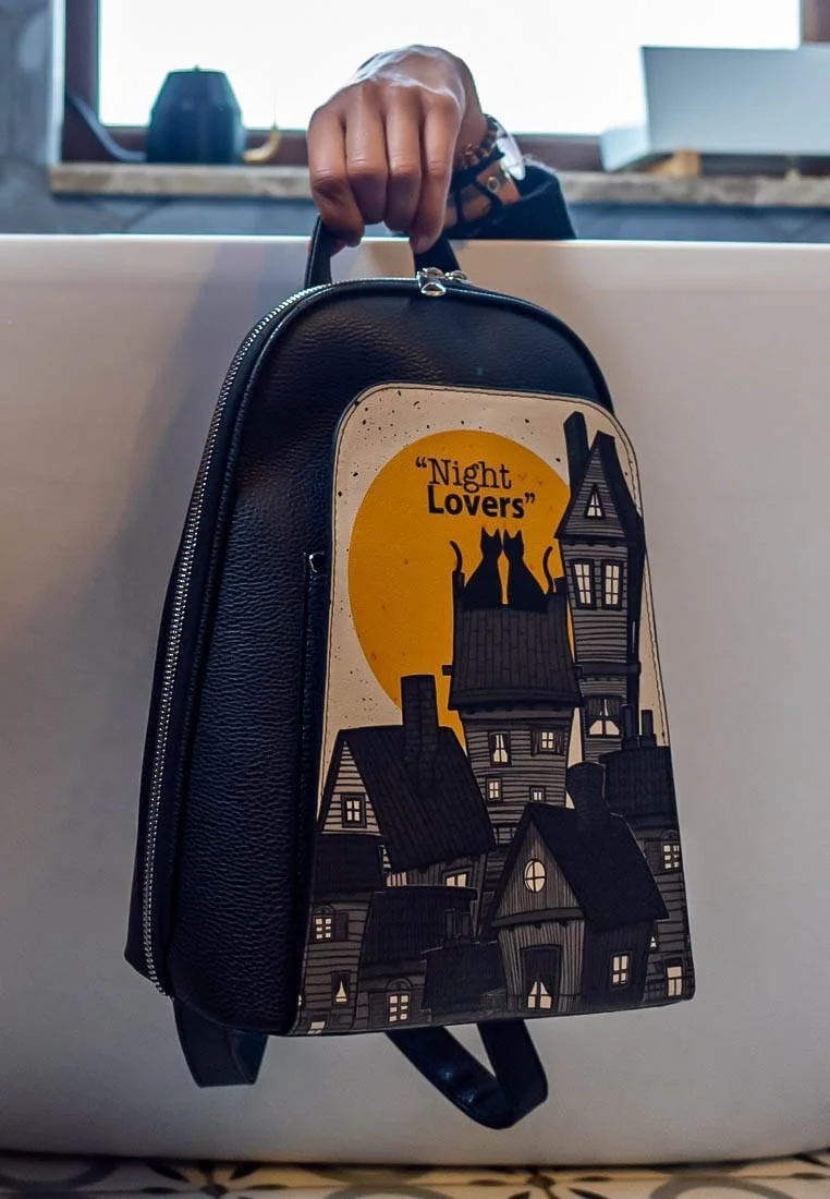 Women Vegan Leather Black Backpack - Night Lovers Design