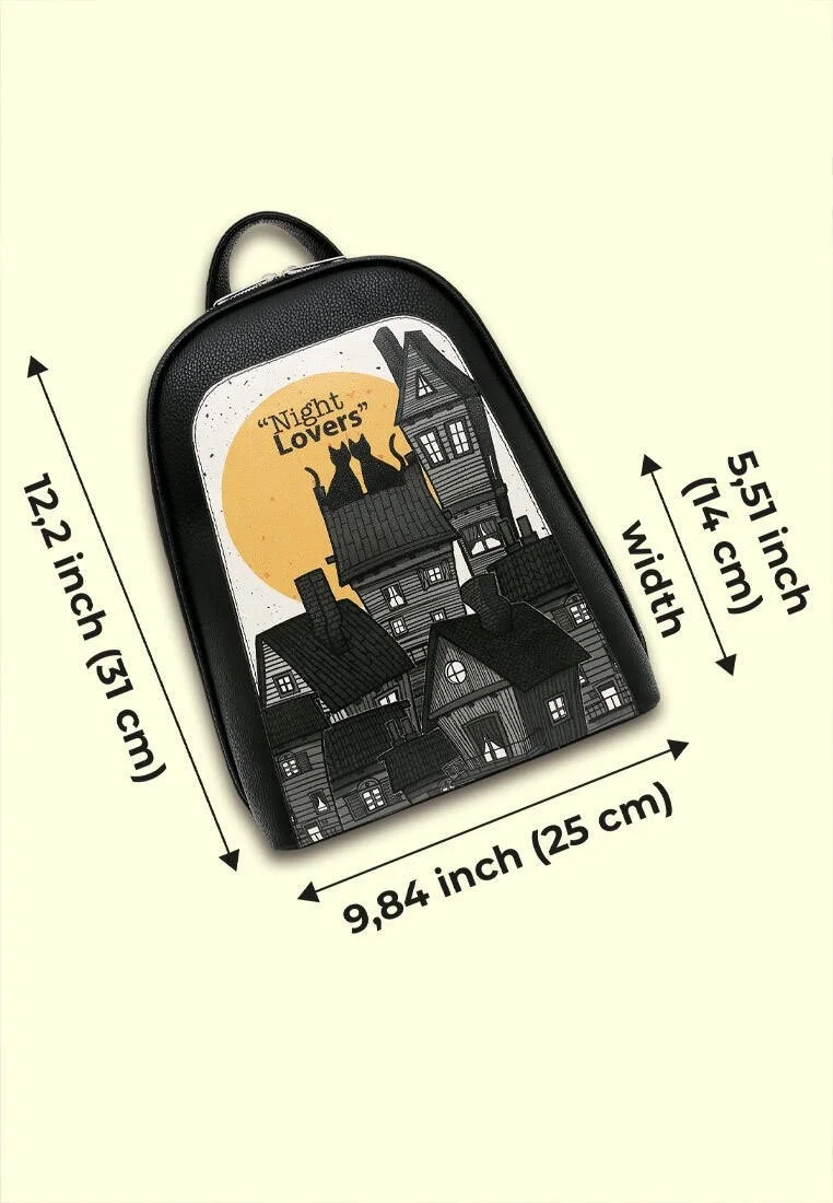 Women Vegan Leather Black Backpack - Night Lovers Design
