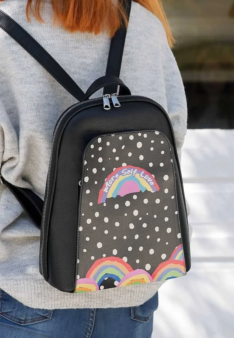 Women Vegan Leather Black Backpack - More Self Love Design
