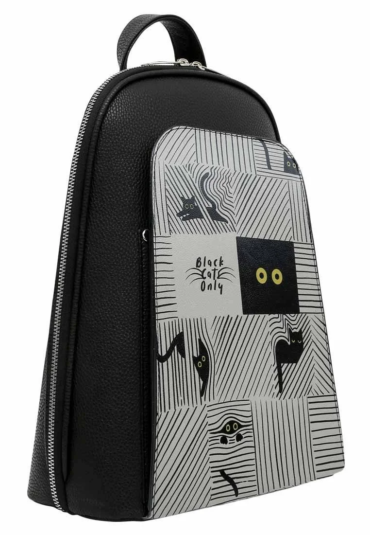 Women Vegan Leather Black Backpack - Black Cats Only Design